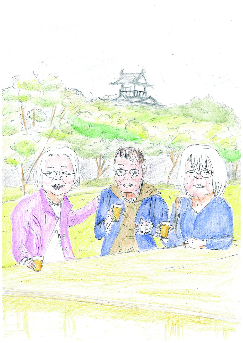浜松城を背景に、コーヒーを手に集う三人を描いた色鉛筆のイラスト